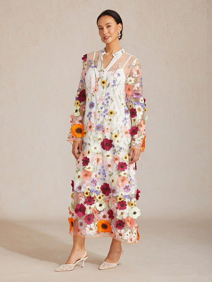 3D Floral Embroidered Sheer Maxi Dress