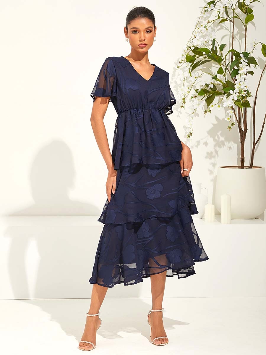 Lace V Neck Ruffle Layered  Flutter Dress