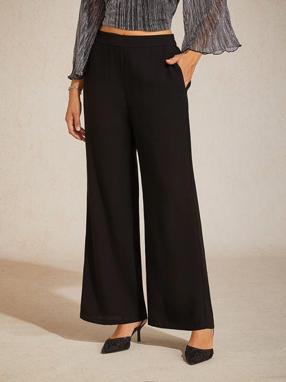 Mid-Rise Elastic Waist Wide-Leg Pants with Pockets