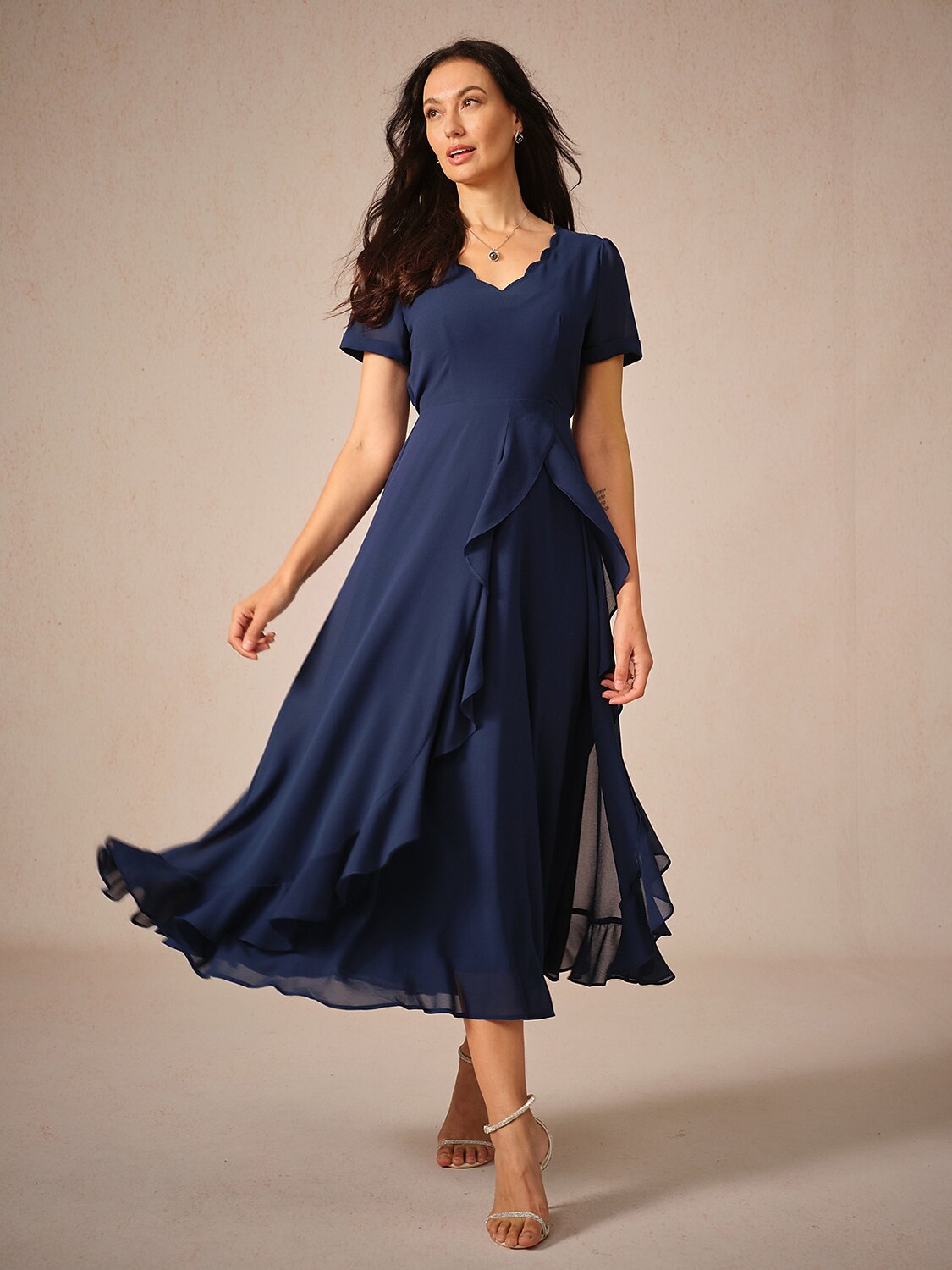 Asymmetrical Ruffle V Neck Navy Blue Maxi Dress