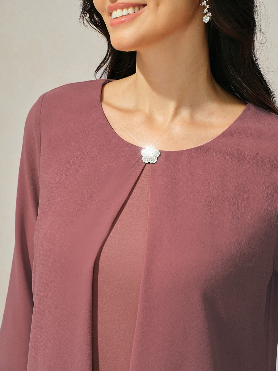3/4 Sleeve Knee-Length Chiffon Dress with Rhinestone