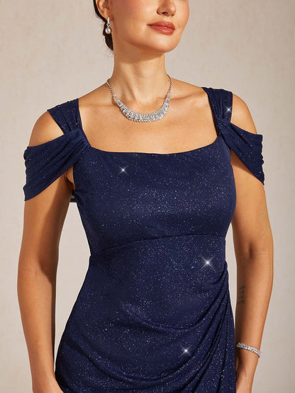 Ankle-Length Cold Shoulder Glitter Mesh Dress