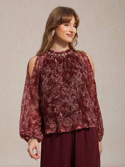 Ruffled Cold Shoulder Chiffon Blouse with Metallic Detail