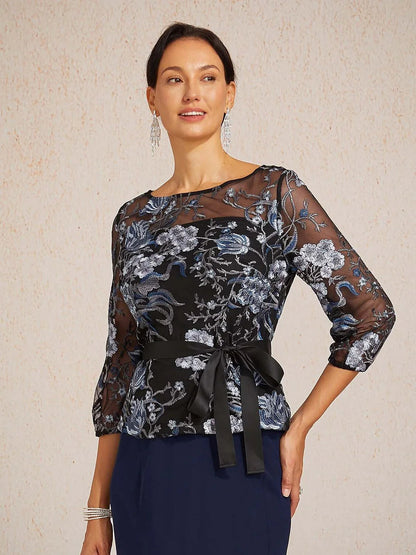 Floral Embroidered Blouse with 3/4 Bubble Sleeves & Illusion Neckline