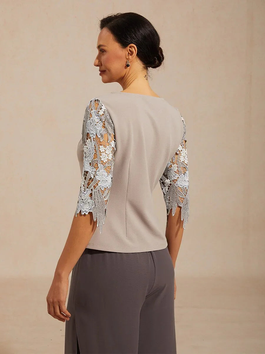 V-Neck Lace Sleeve Top with Embroidered Detail