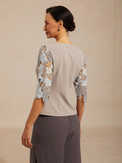V-Neck Lace Sleeve Top with Embroidered Detail