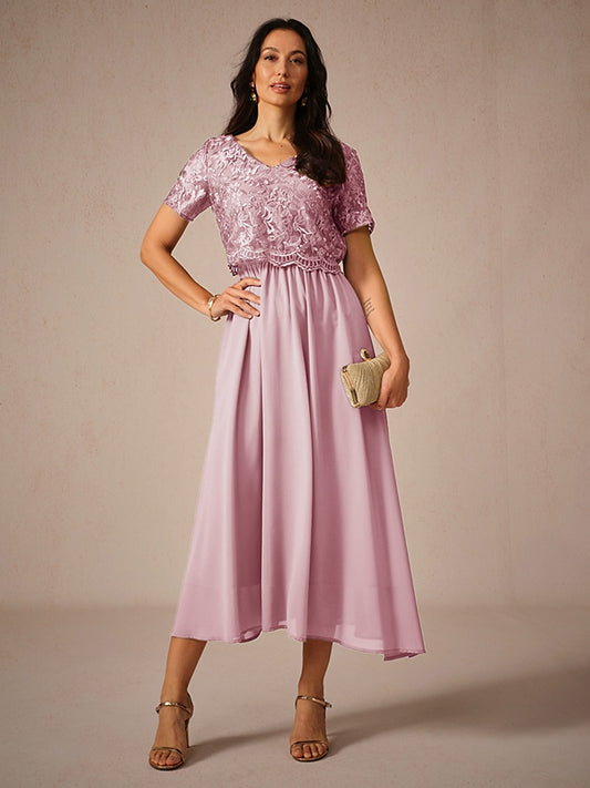 Chiffon Lace V Neck Short Sleeve Flared Midi Dress
