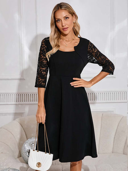 Black Lace Midi Dress with Bishop Sleeves
