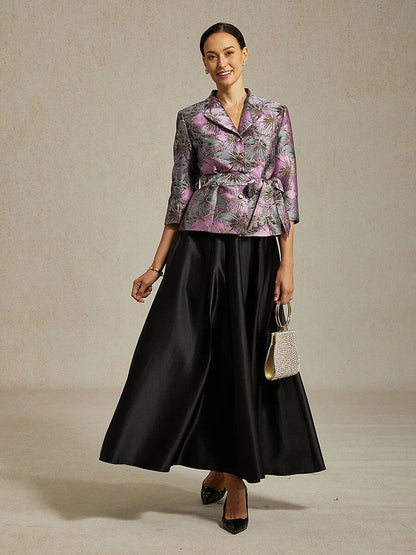 Dreiviertelärmelige Bluse mit floralem Jacquardmuster und Bindegürtel
