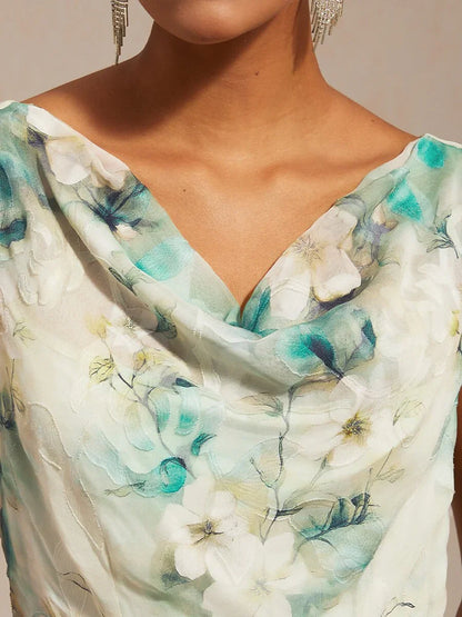 Floral Cowl Neck Tea-Length Dress with Flounce Hem