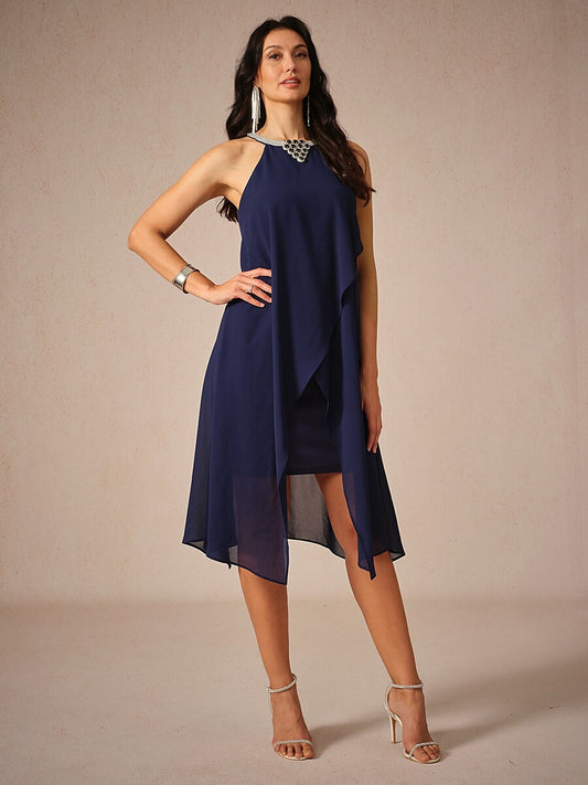 Chiffon Solid Sleeveless Halter Neck Navy Blue Dress