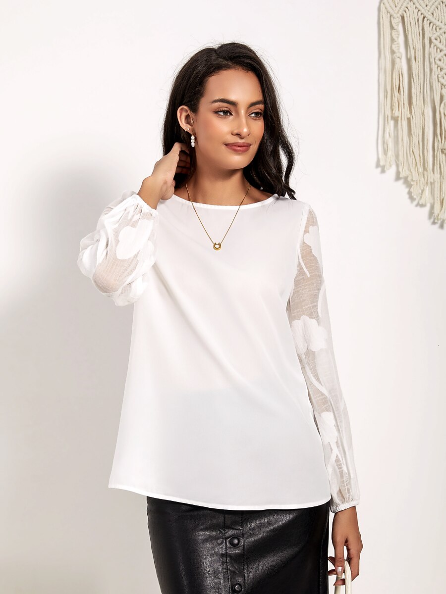 Sheer Floral Lace Boat Neck White Blouse