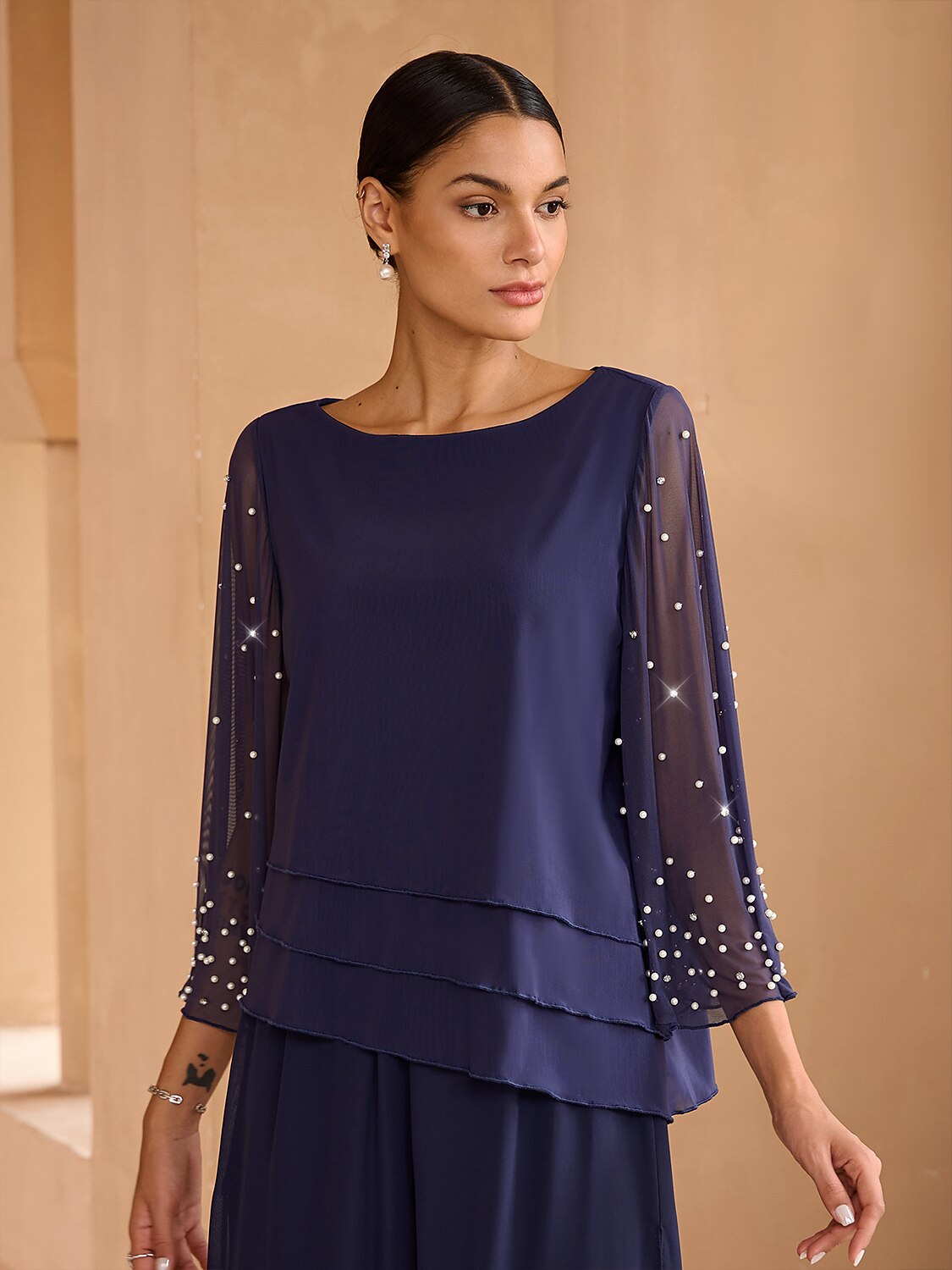 Beaded Layered Mesh Blouse