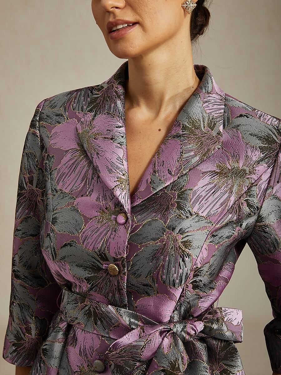 Dreiviertelärmelige Bluse mit floralem Jacquardmuster und Bindegürtel