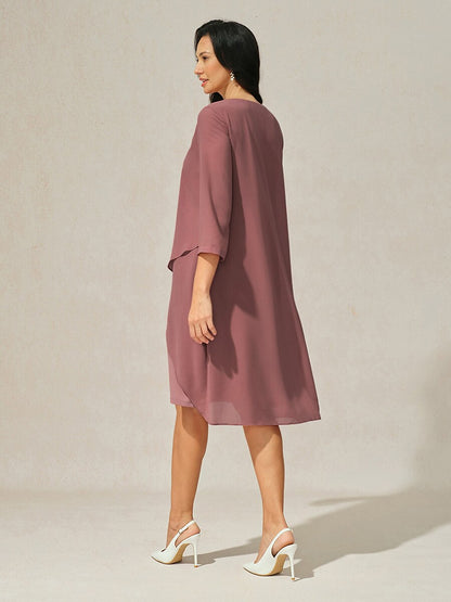 3/4 Sleeve Knee-Length Chiffon Dress with Rhinestone
