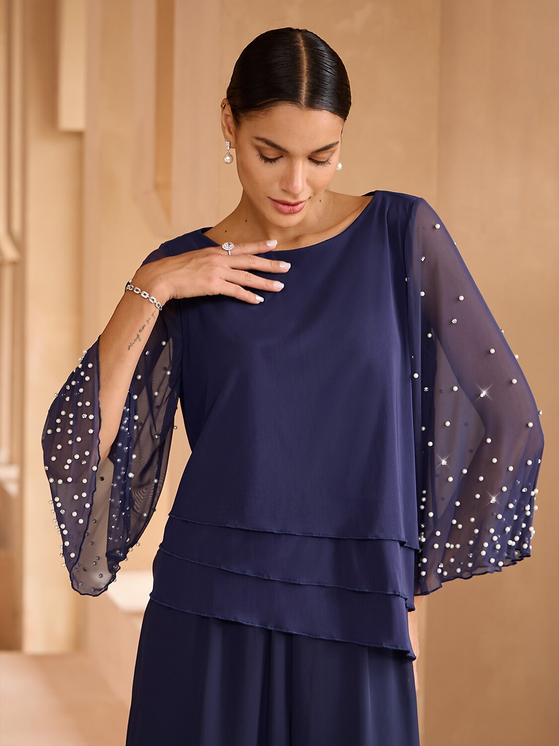 Beaded Layered Mesh Blouse