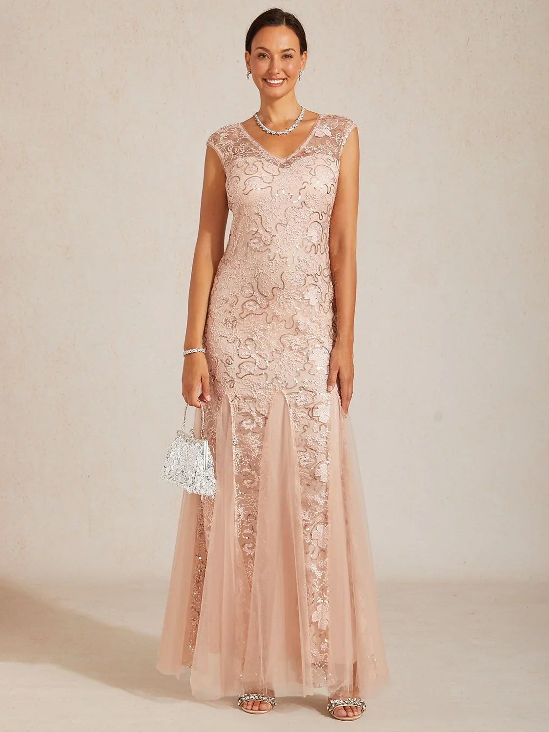 Sequin Mesh Mermaid Evening Gown with Sheer Shawl