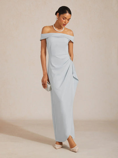 Off Shoulder Ruched Maxi Dress with Rhinestone Embellishment