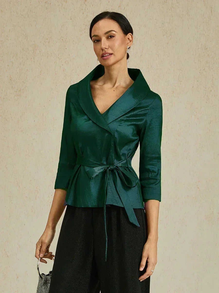 Bluse aus Stretch-Taft mit 3/4-Ärmeln und Bindedetail in der Taille