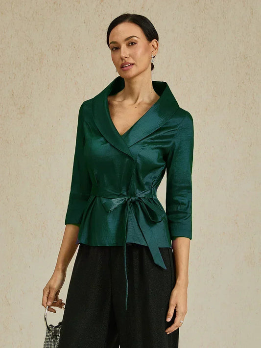 3/4 Sleeve Stretch Taffeta Blouse with Tie Waist Detail