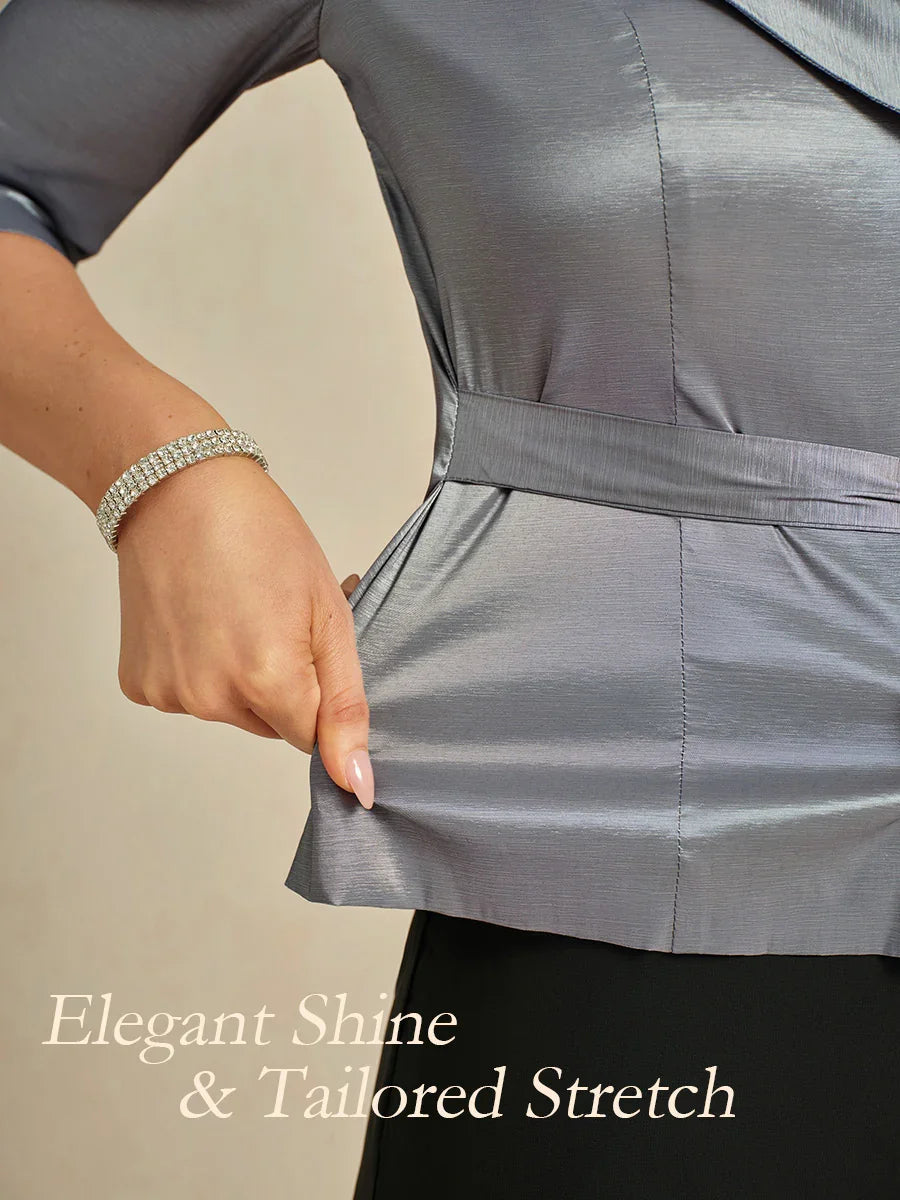 3/4 Sleeve Stretch Taffeta Blouse with Tie Waist Detail