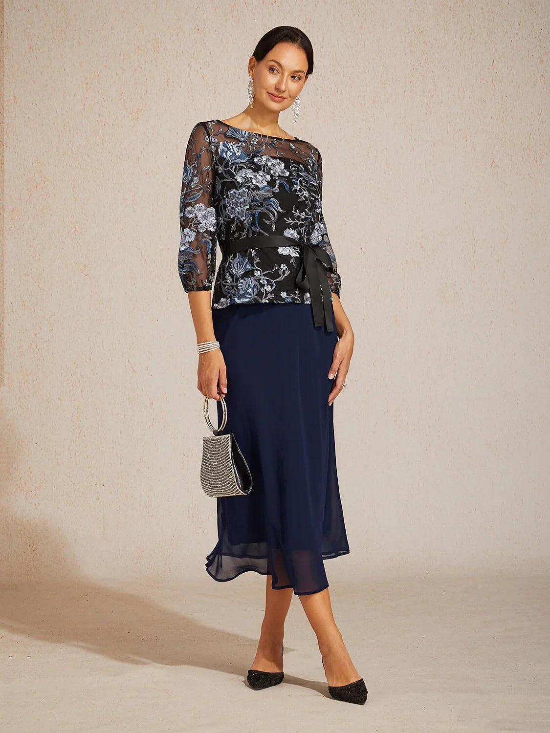 Floral Embroidered Blouse with 3/4 Bubble Sleeves & Illusion Neckline