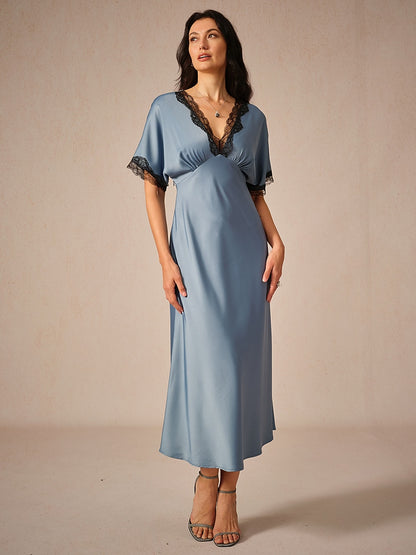 Satin Lace Trim V-Neck Olive Dress