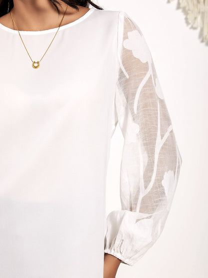 Sheer Floral Lace Boat Neck White Blouse