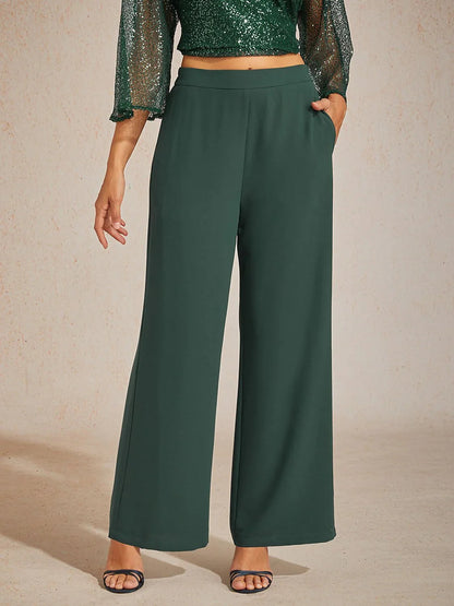 Mid-Rise Elastic Waist Wide-Leg Pants with Pockets