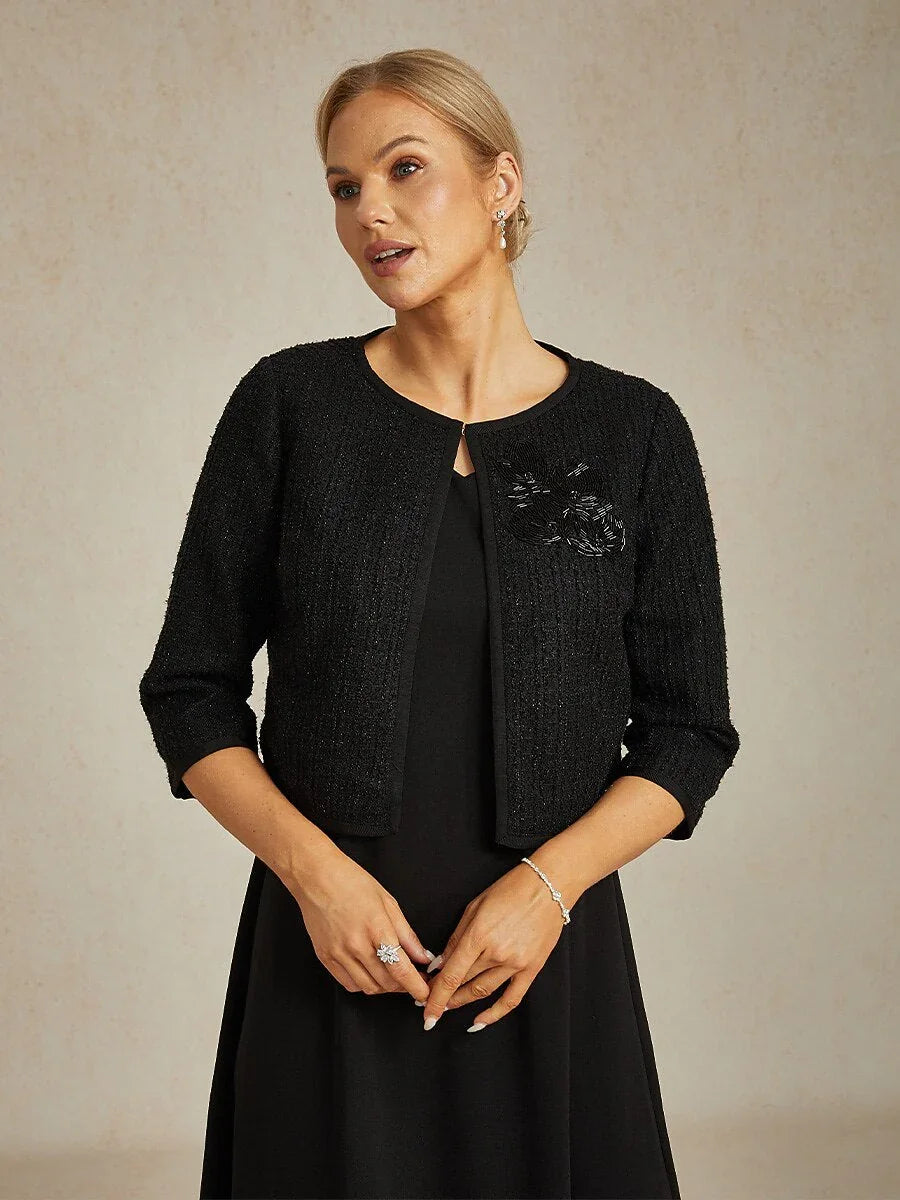Cropped 3/4 Sleeve Tweed Jacket with Beaded Embroidery