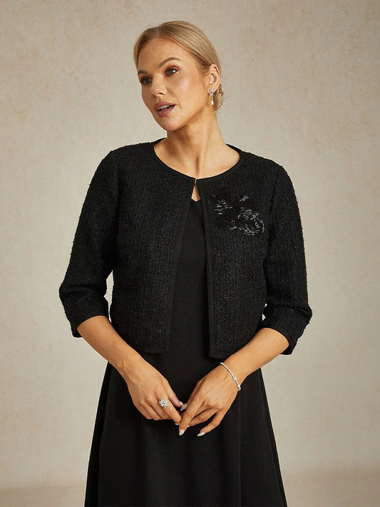Cropped 3/4 Sleeve Tweed Jacket with Beaded Embroidery