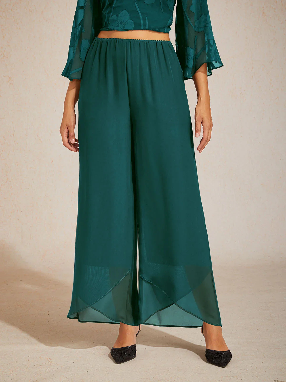 Straight Leg Mid Waist Layered Chiffon Pants