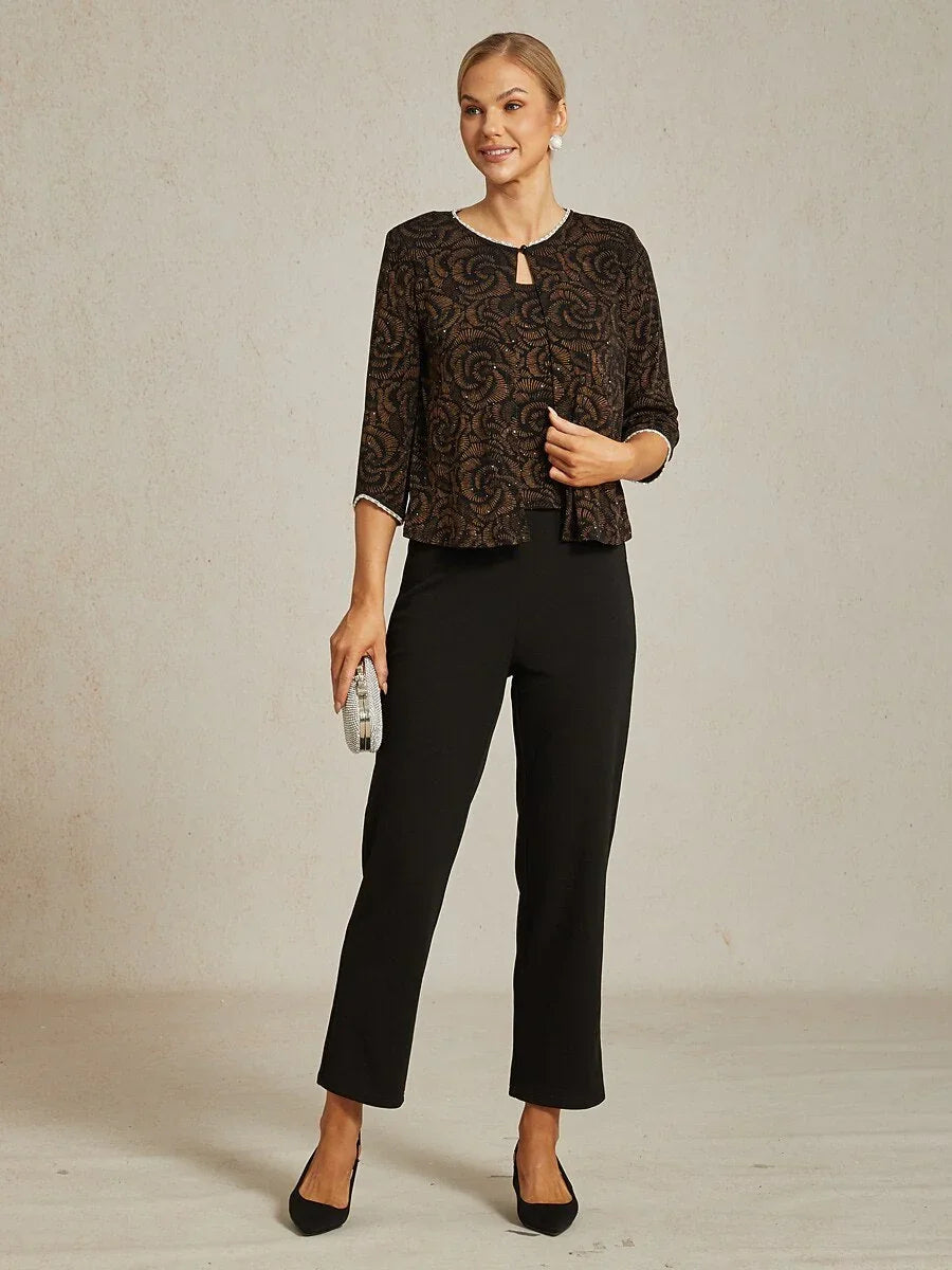 3/4 Sleeve Knit Mock Twinset with Floral Pattern
