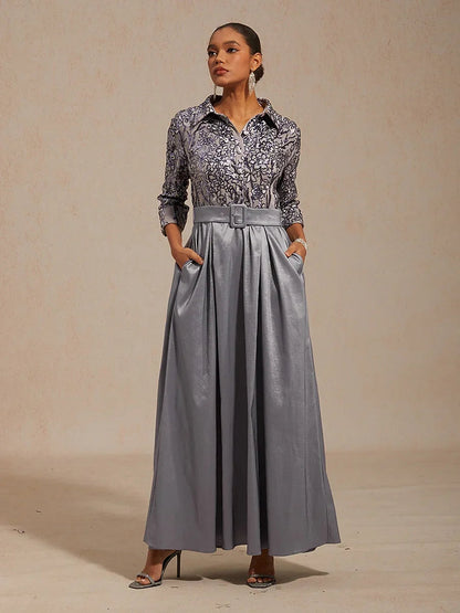 Stretch Taffeta Embroidered Cocktail Dress with Sequin Bodice