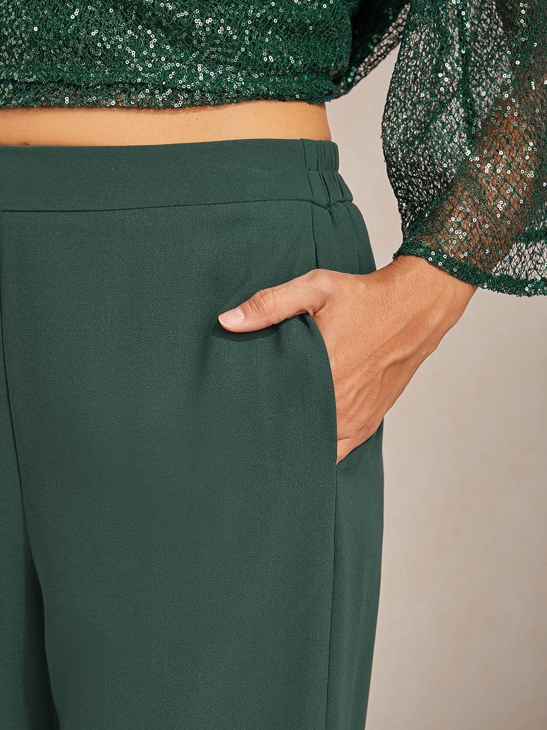 Mid-Rise Elastic Waist Wide-Leg Pants with Pockets