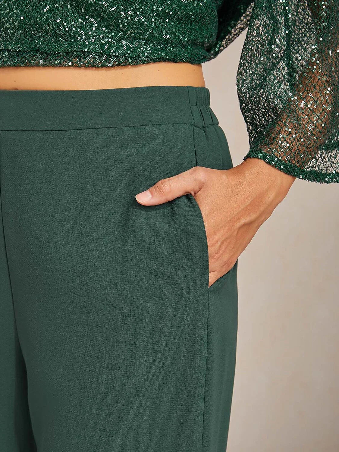 Mid-Rise Elastic Waist Wide-Leg Pants with Pockets