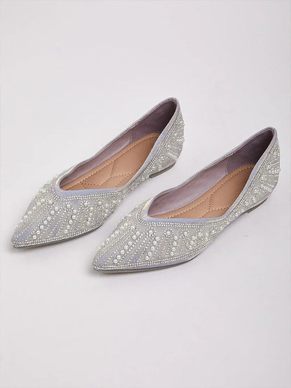 Embellished Pointed Flat Shoes with Pearls and Sequins