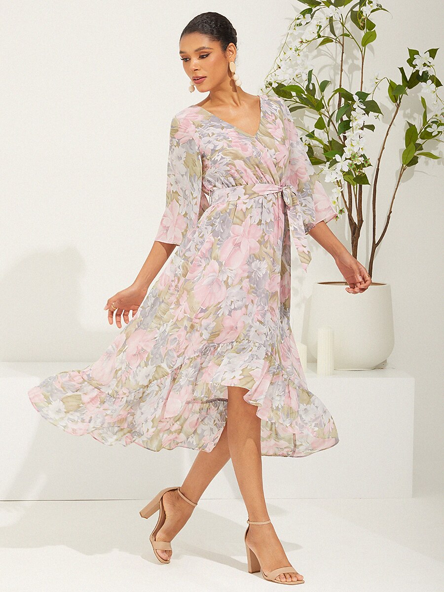 Floral V-Neck Ruffle Chiffon Maxi Dress