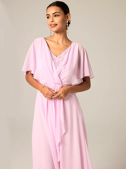 Ruched Chiffon Embroidery Lace Pink Dress-S9841068