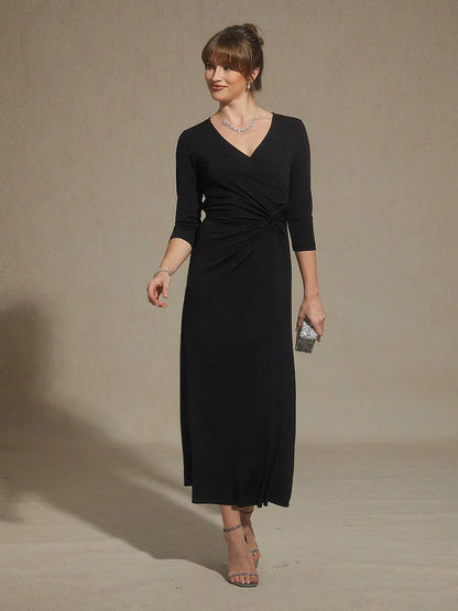 Black V-Neck A-Line Knit Dress with Waist Twist Design
