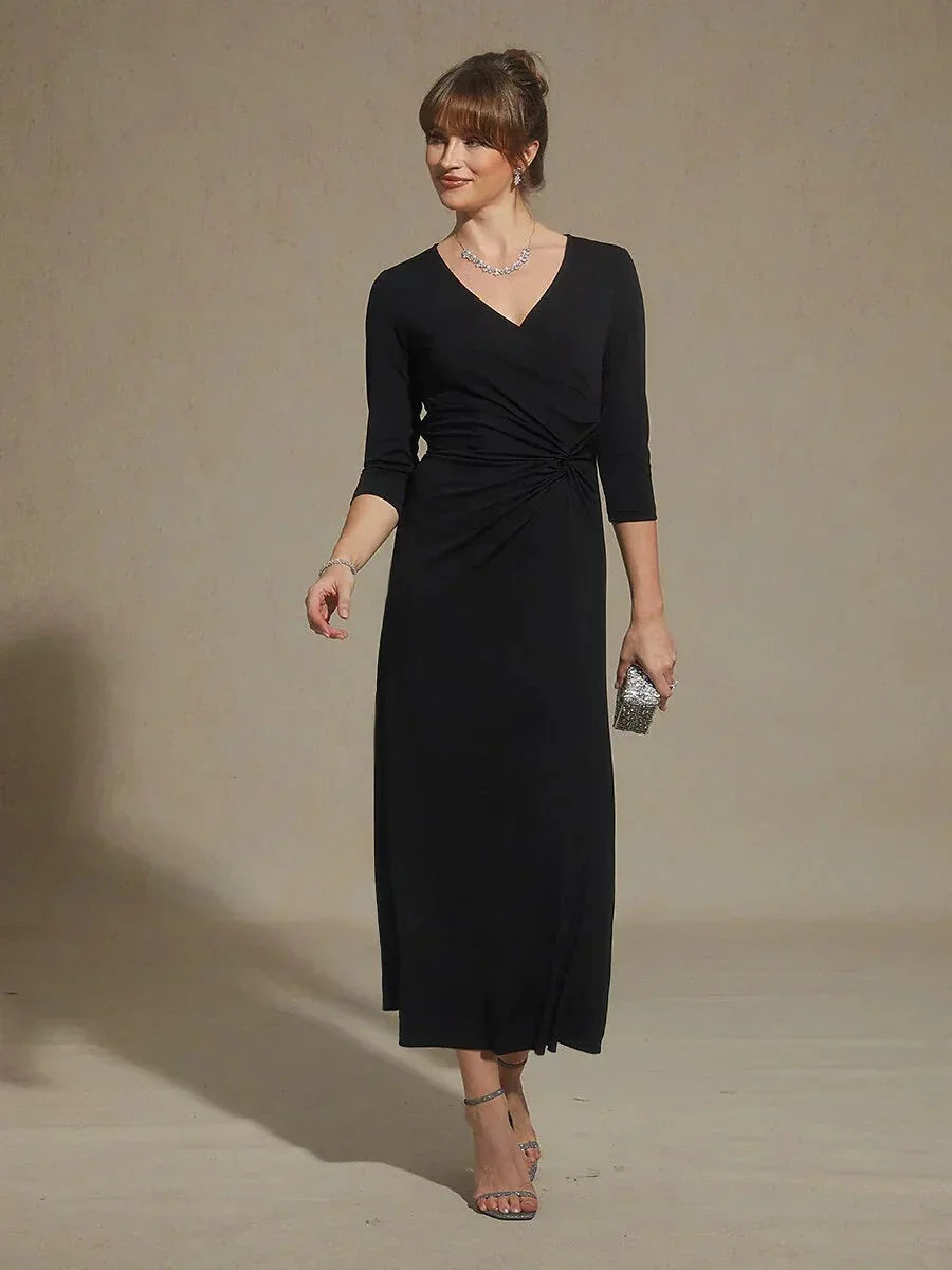 Black V-Neck A-Line Knit Dress with Waist Twist Design