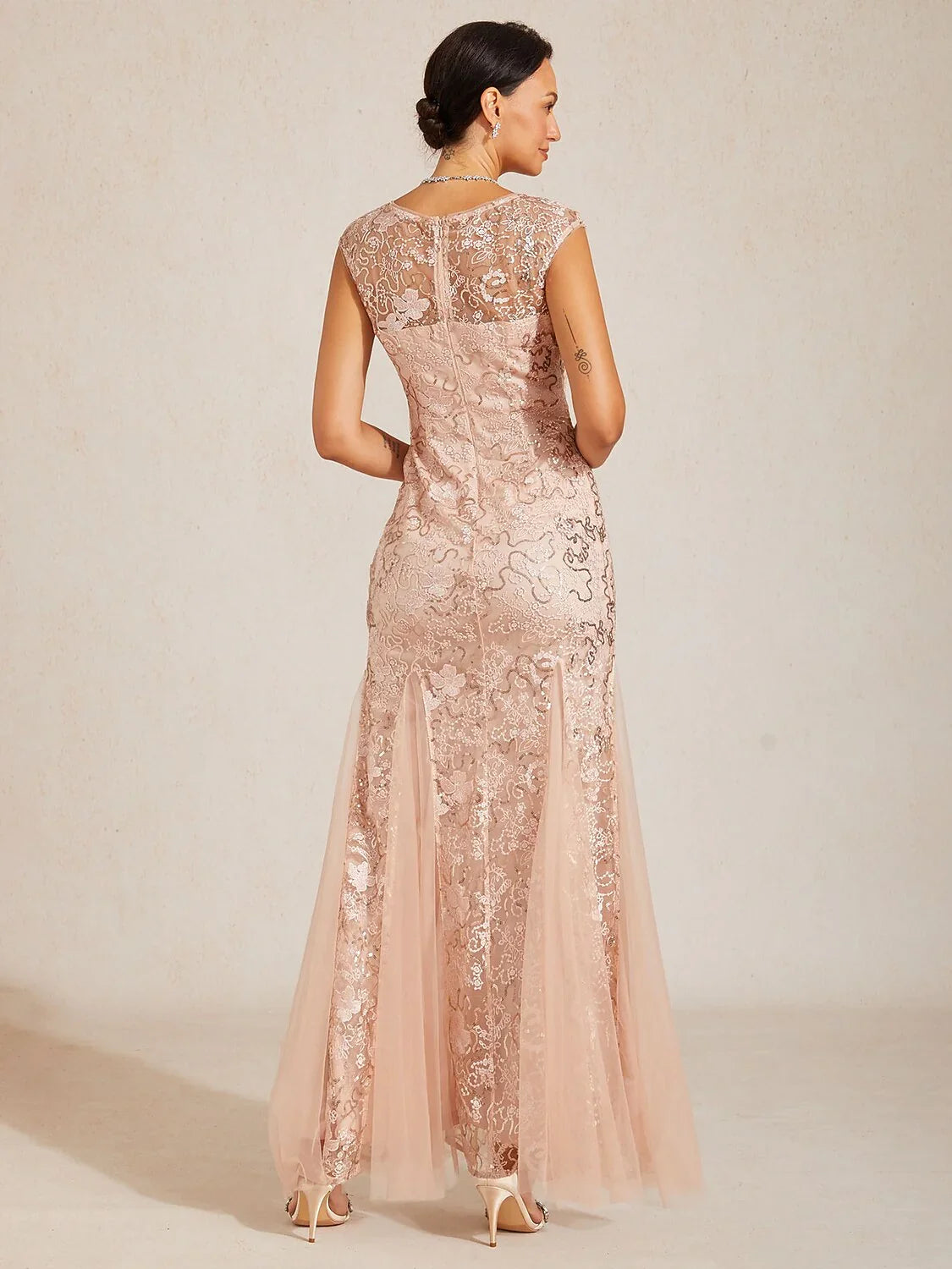 Sequin Mesh Mermaid Evening Gown with Sheer Shawl