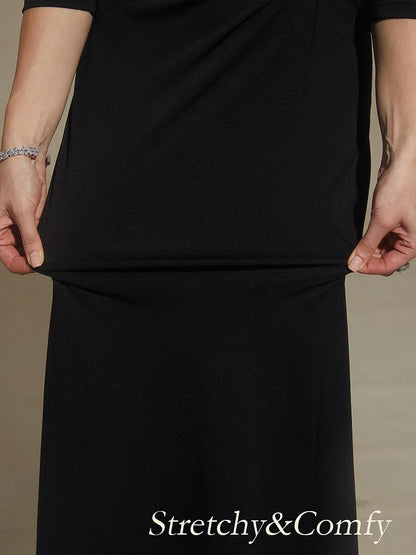 Black V-Neck A-Line Knit Dress with Waist Twist Design
