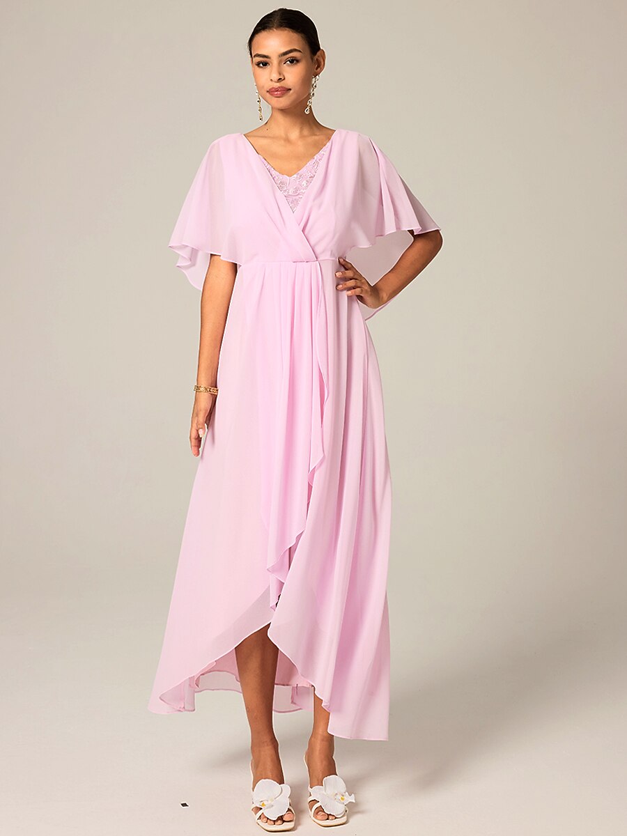 Ruched Chiffon Embroidery Lace Pink Dress-S9841068