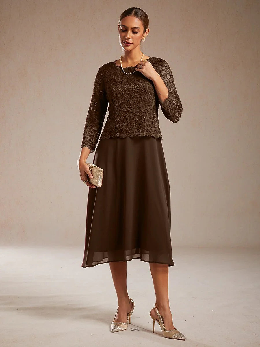 Robe élégante en dentelle et mousseline de soie, longueur thé
