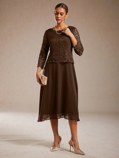 Robe élégante en dentelle et mousseline de soie, longueur thé