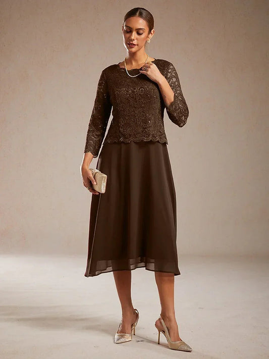 Elegant Lace and Chiffon Tea-Length Dress