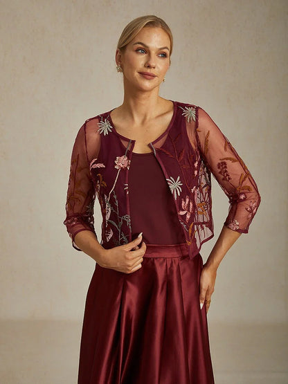 Floral Embroidered Lace Jacket with Rhinestone Button
