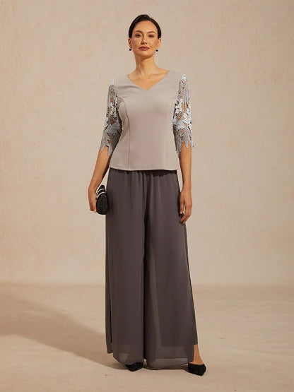 V-Neck Lace Sleeve Top with Embroidered Detail