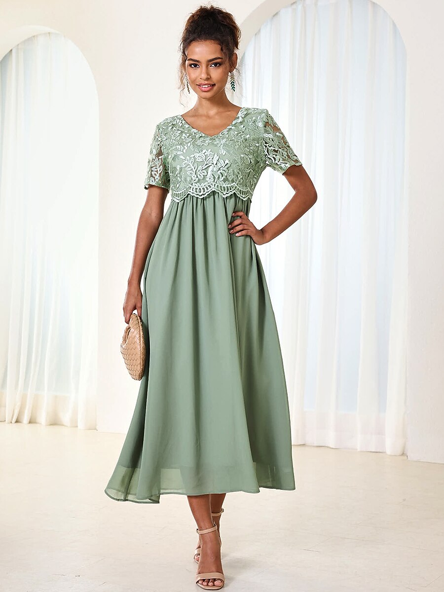 Chiffon Lace V Neck Short Sleeve Flared Midi Dress